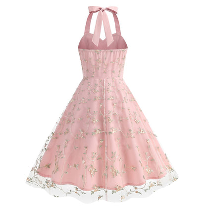 Floral Embroidered Halter Midi Dress