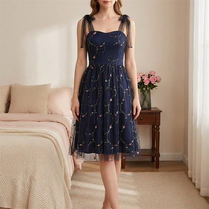 Embroidered Tie Strap Midi Dress
