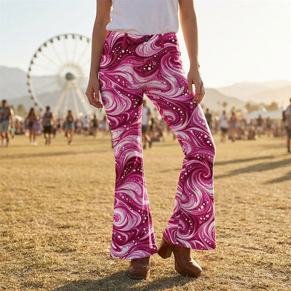Retro 70s Swirling Waves High Waist Wide Flared Trousers