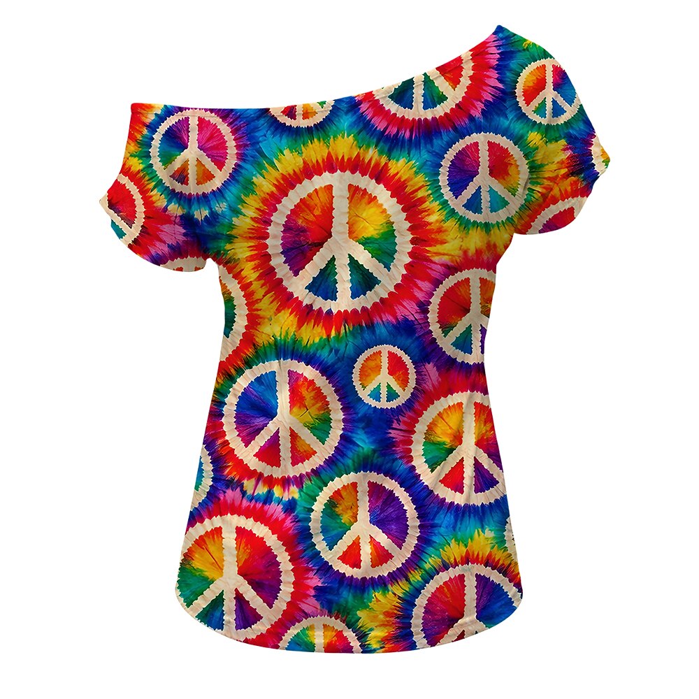Retro 70s Peace Symbol Tie-Dye One Shoulder Short Sleeves T-shirt