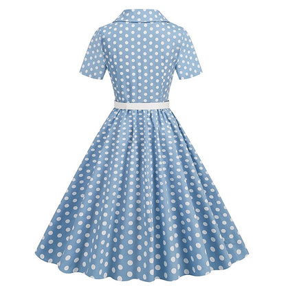 Women's 1950s Polka Dot Lapel Collar Swing Shirt Dress
