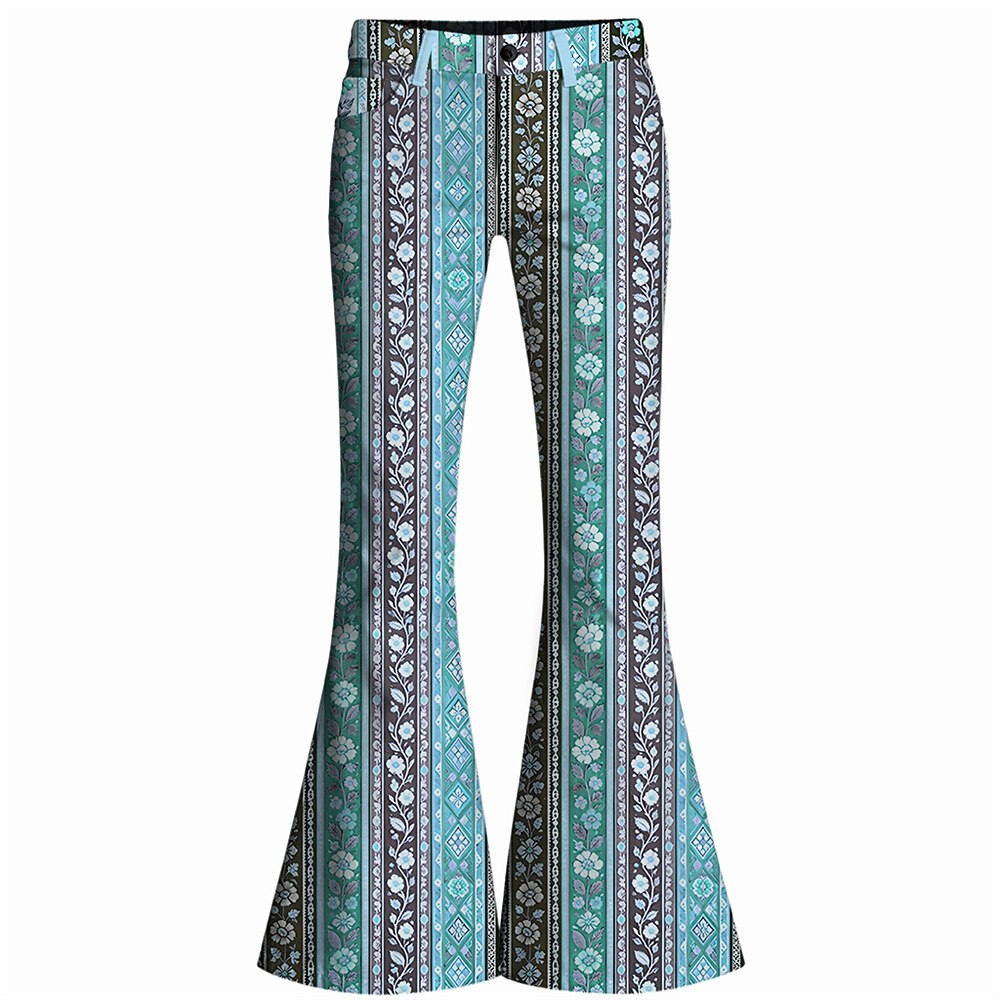 Retro 70s Striped Floral High Waist Wide Flared Trousers