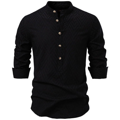 Medieval Style Textured Band Collar Tunic Shirt
