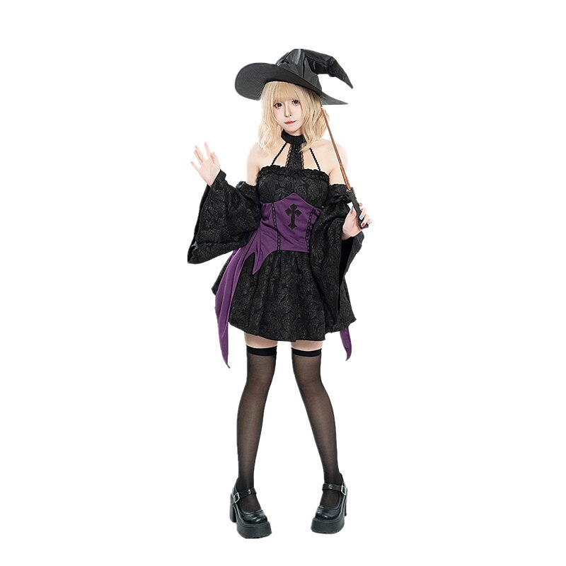 Gothic Witch Costume Black Purple Corset Mini Dress with Hat