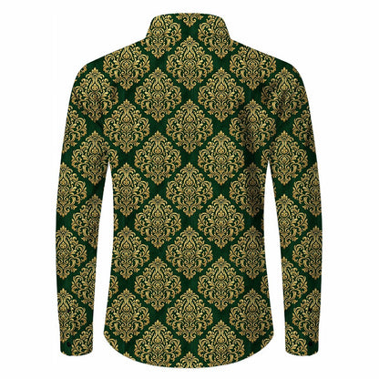 Retro 70S Vintage Ornate Damask Pattern Long Sleeves Collar Shirt