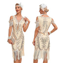 Women's Champagne 1920s Cold Shoulder Fringe 6-Piece Set
