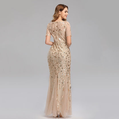Mermaid Illusion Short Sleeve Sequin Gown