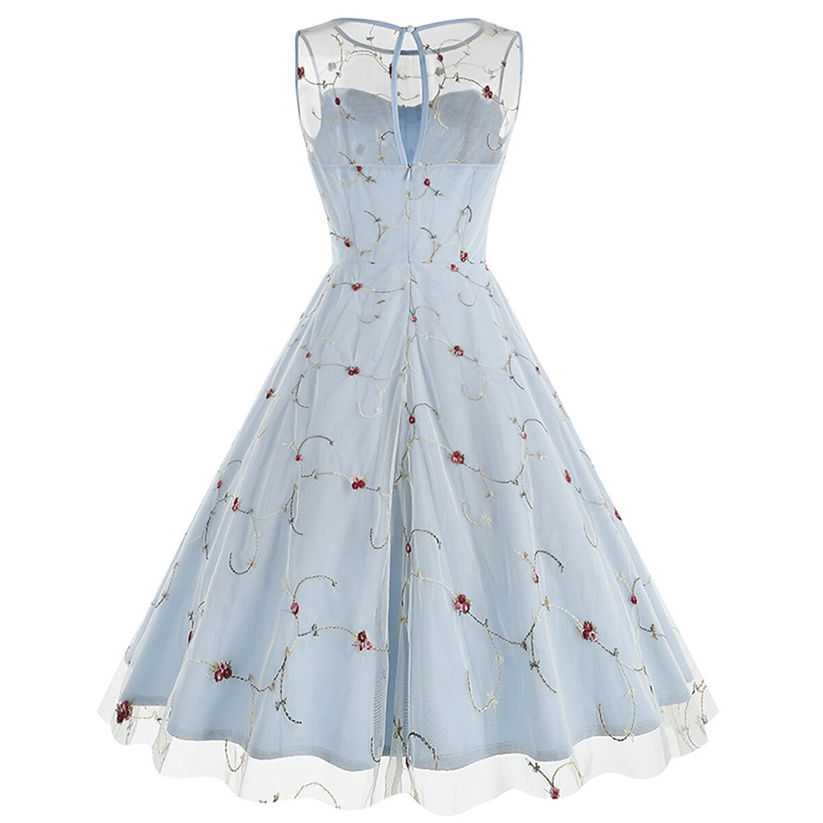 Embroidered Floral Tulle Midi Dress