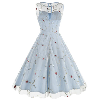 Embroidered Floral Tulle Midi Dress