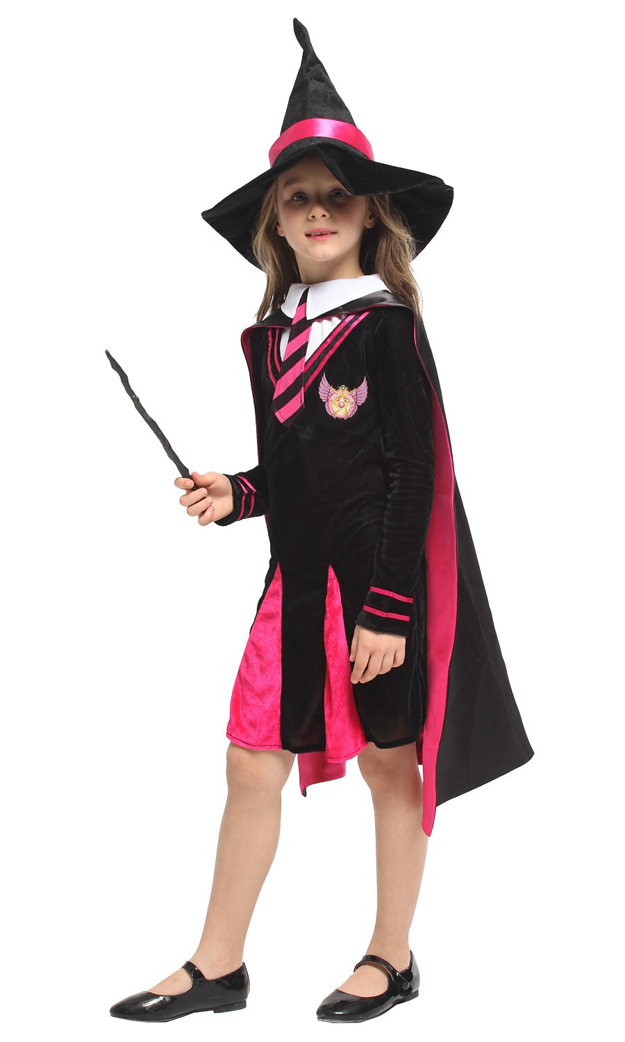 Girls Witch Costume Black Pink Dress with Hat
