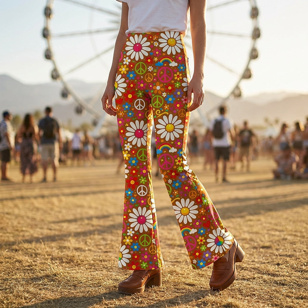 Retro 70s Peace Sign Floral High Waist Wide Flared Trousers