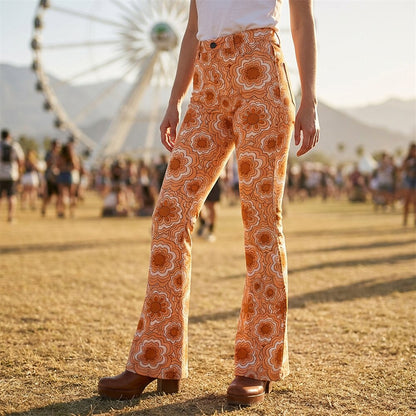Retro 70s Geometric Floral High Waist Wide Flared Trousers
