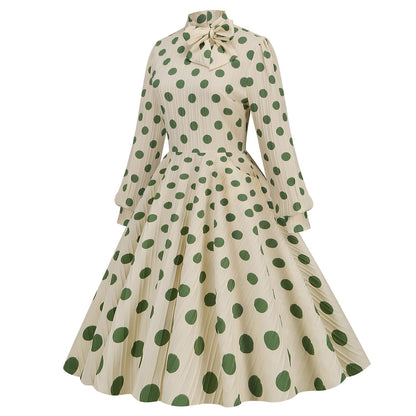 Women's 1950s Polka Dot Bow Tie Neck Long Sleeve Flare Dress